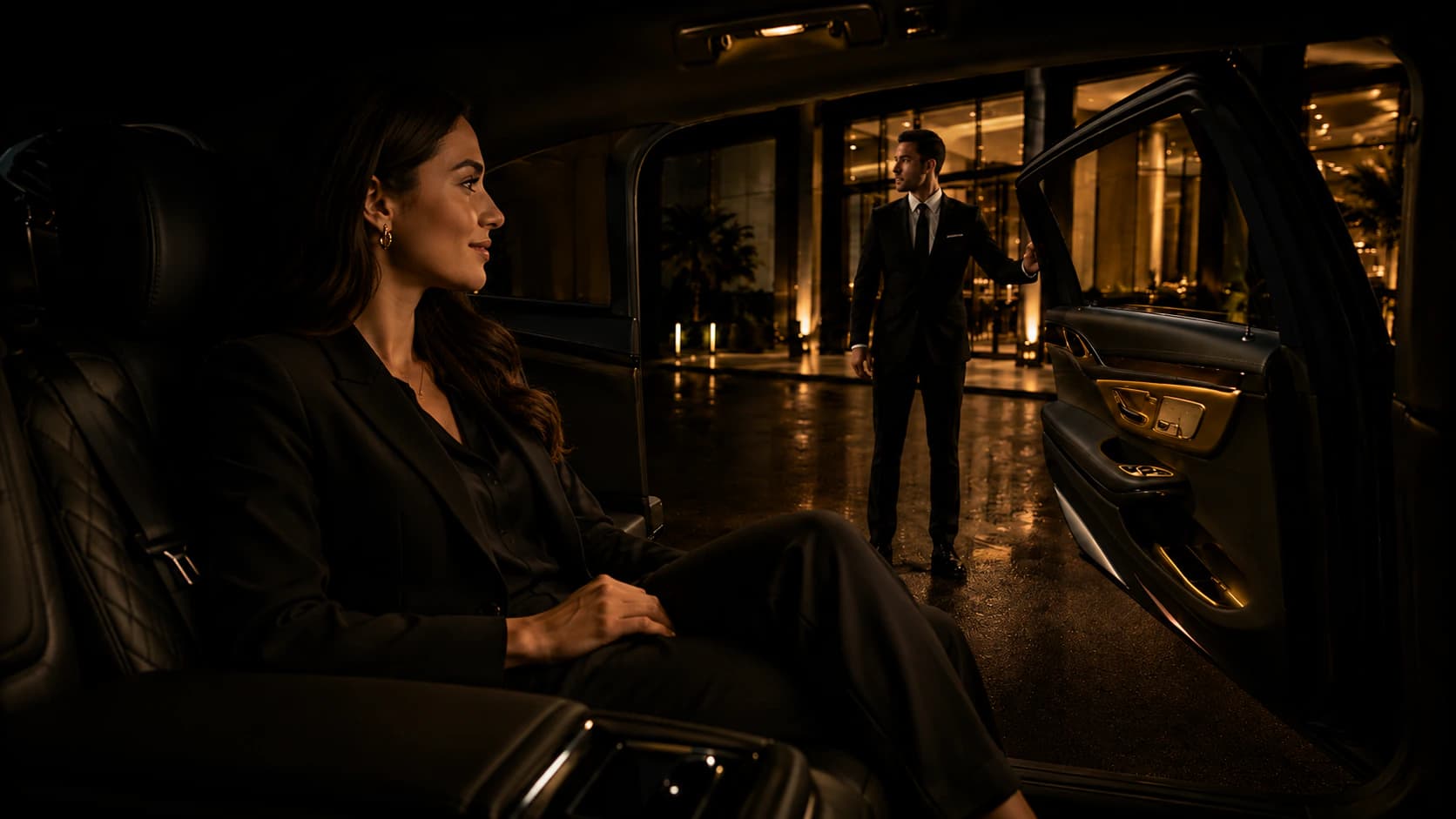 An Ricono Transport chauffeur opening the rear door of a black luxury SUV for a guest — chauffeured airport transfers, weddings, and executive car service across Nashville and Middle Tennessee.